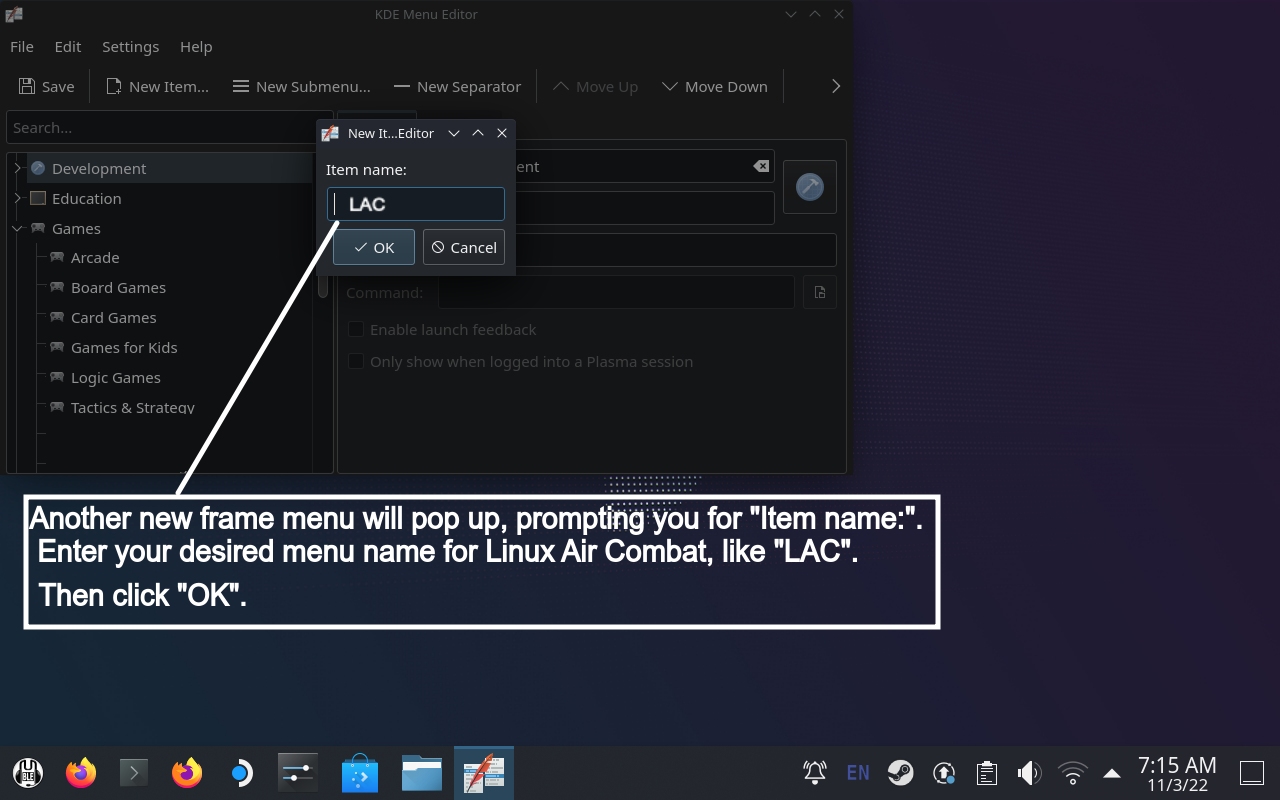 Answer Prompt for New Item Name.
